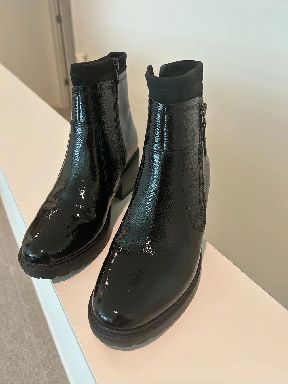 New Salvia Black Patent Ankle Boots with Side Zipper 38